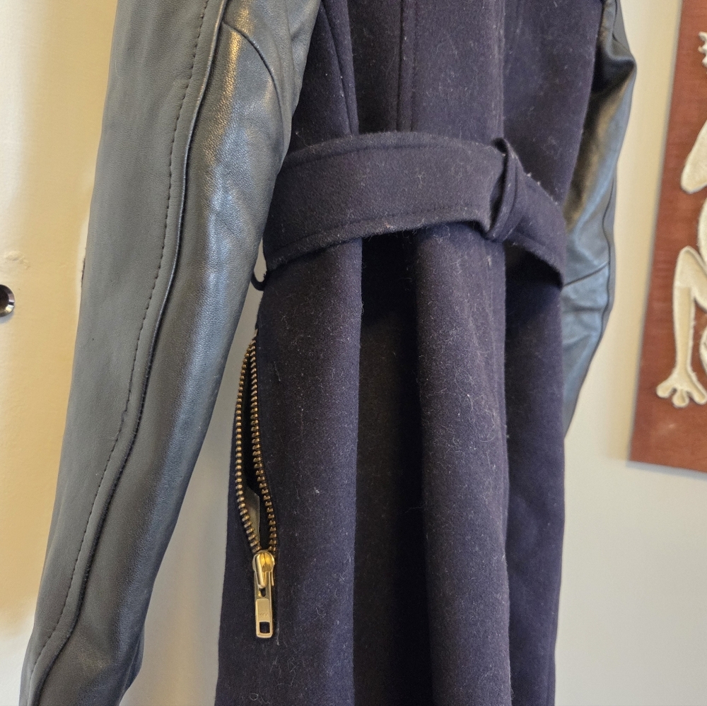 Women's Mackage Dale Wool Trench Coat with Leather Sleeves - Black - Size Medium - Picture 10 of 16